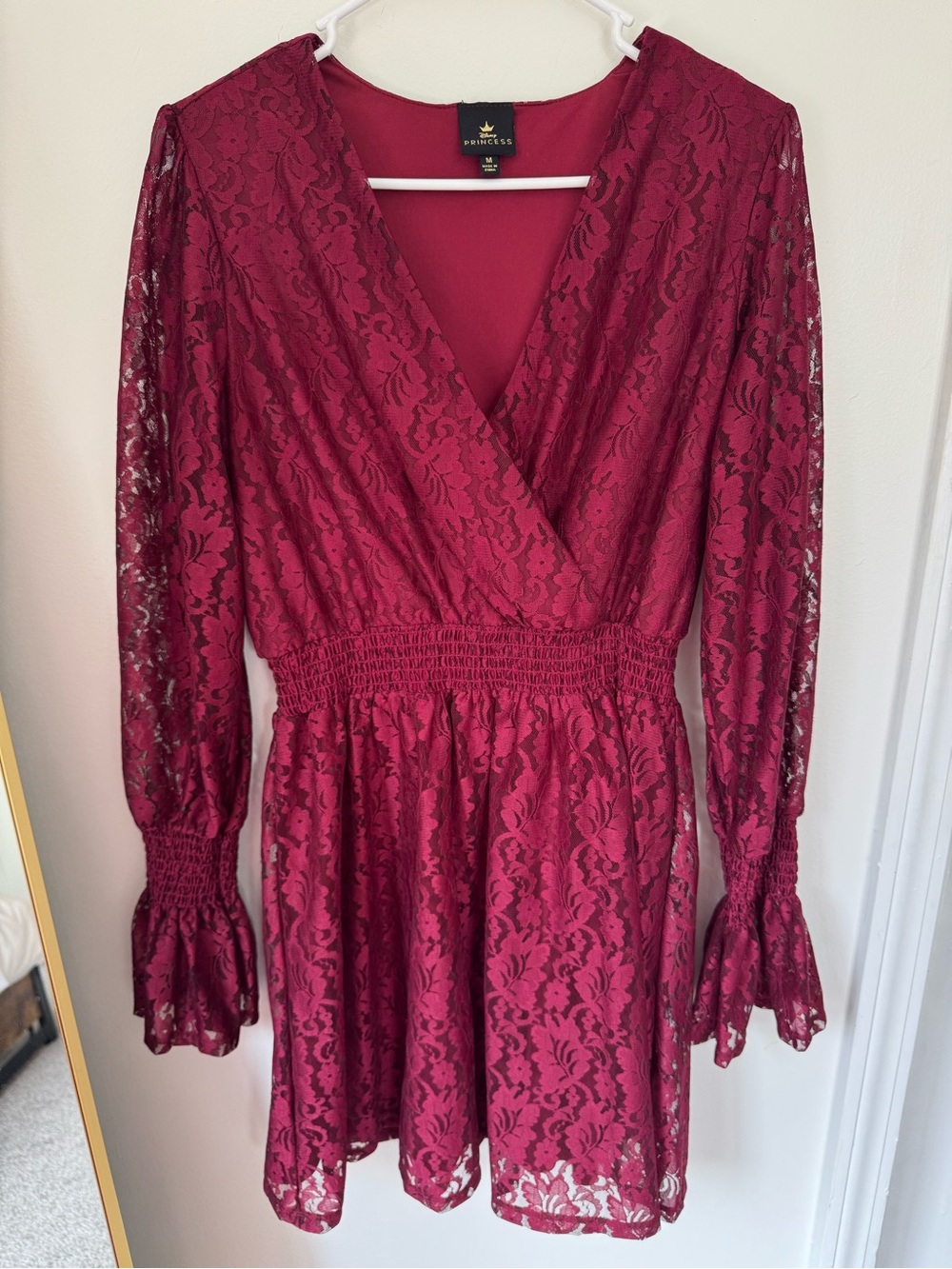 Disney Princess Burgundy Lace Faux Wrap Dress Size M Long Sleeve Wine Red